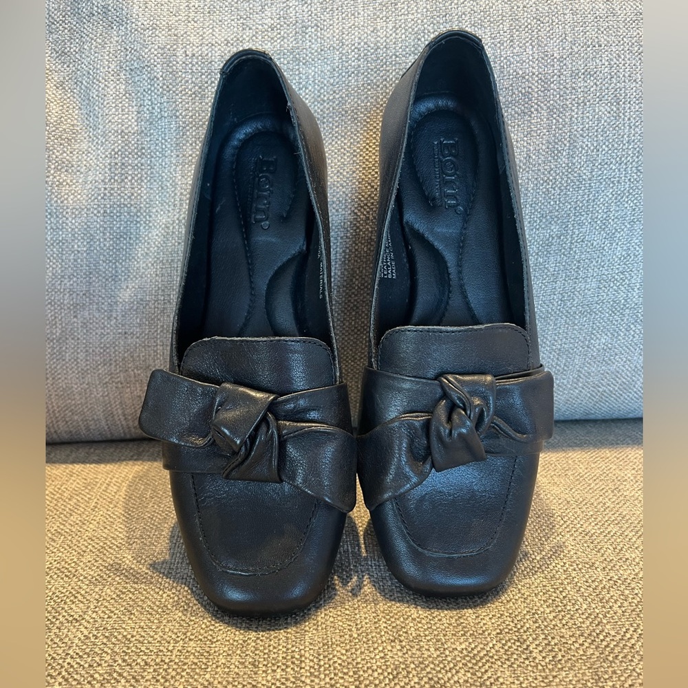 Born Black Carrine Leather Bow Flats Loafers Square Toe Comfort Cushioned 7.5